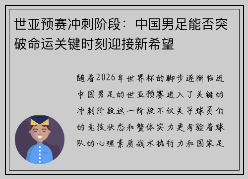 世亚预赛冲刺阶段：中国男足能否突破命运关键时刻迎接新希望