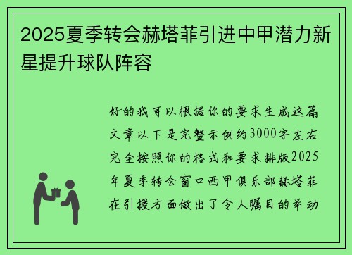 2025夏季转会赫塔菲引进中甲潜力新星提升球队阵容
